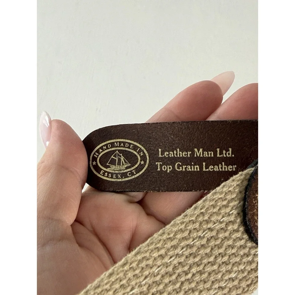 Leather Man Ltd. Leather & Canvas Belt Brown Tabs Brass FISH coastal Size 42